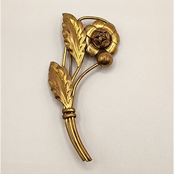 Vintage 1940s Floral Brooch Gold Tone Slender Long Stem Flower Pin 3.25" - Picture 3 of 9